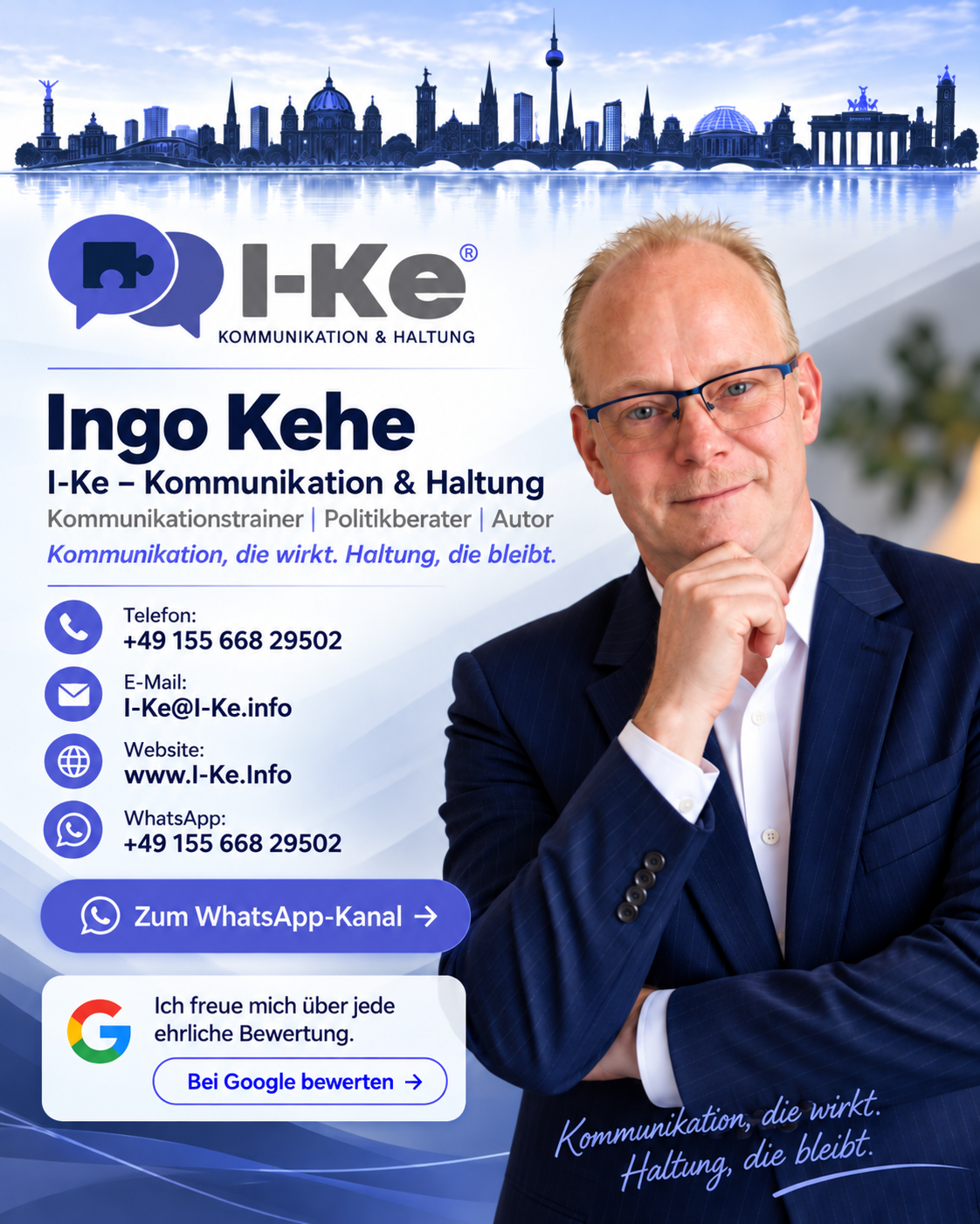 Ingo Kehe, I-Ke – Kommunikation & Haltung: Kontaktgrafik mit Berliner Skyline, Telefon, E-Mail und Website