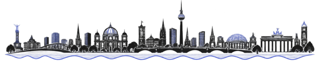 Gezeichnete Berliner Skyline mit Siegessäule, Dom, Fernsehturm, Reichstag und Brandenburger Tor